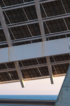 Modern solar panel structure with geometric design, Barcelona, Spain.