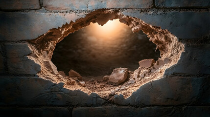 A brick wall with a hole showing an illuminated interior space