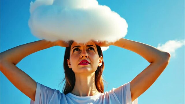 A young woman holding a cloud of thoughts above her head, symbolizing creativity and reflection. Concept of inspiration, mental clarity. Businesses: tech startups, creative agencies.
