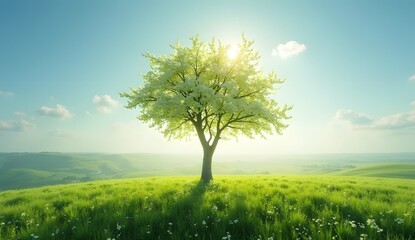 Obraz premium Spring Blossom in Open Fields: A drone captures a breathtaking view of a single flowering tree in full bloom, surrounded by vast green fields under a clear blue sky.