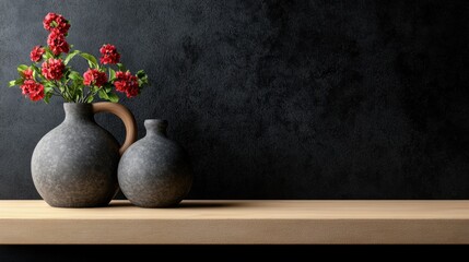 Stylish vases with red flowers on a shelf.
