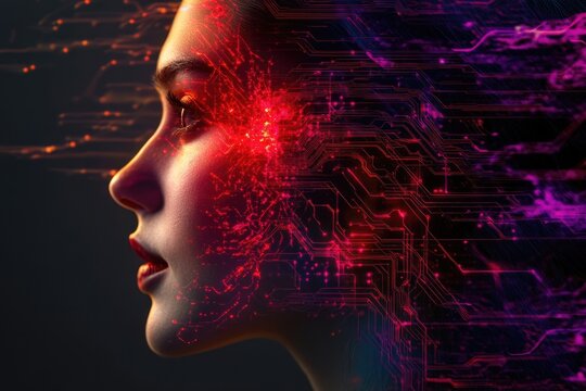 A woman's face merges with vibrant red and purple circuit board patterns, symbolizing technological integration with the human mind.
