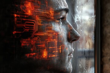 A man's face merges with circuit board imagery, symbolizing the fusion of humanity and technology.