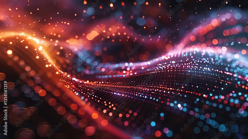 Poster abstract digital background of glowing red and blue lights with a subtle grid pattern.