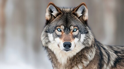 Fototapeta premium A close-up of a wolf with piercing icy blue eyes, its fur detailed and windblown, against a neutral gradient background
