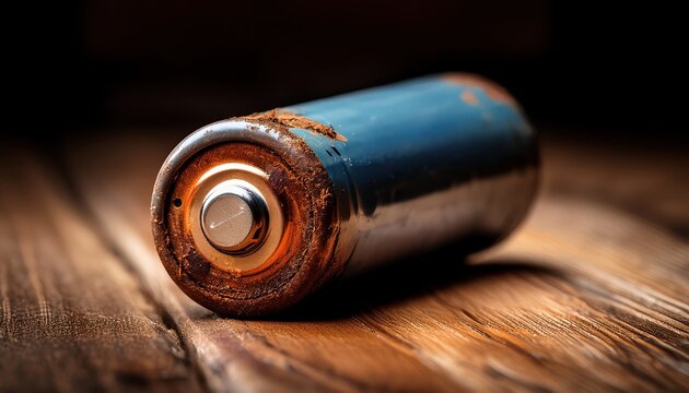 a close-up shot of an old, rusty battery resting on a wooden surface