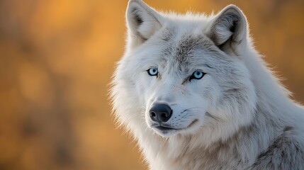Obraz premium A close-up of a wolf with piercing icy blue eyes, its fur detailed and windblown, against a neutral gradient background