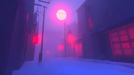 Naklejka premium Pink And Purple Foggy Night City Street In Winter