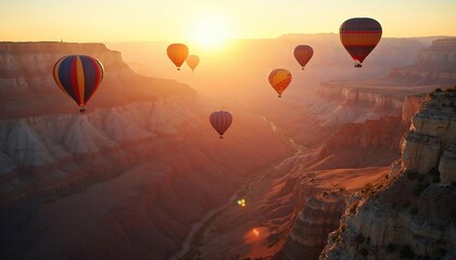 Obraz premium Sunrise Hot Air Balloons Soaring Over Majestic Canyon