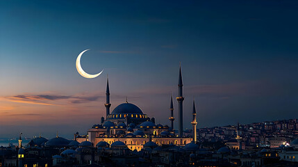 Pixel Art Depiction Of A Grand Illuminated Mosque Under A Crescent Moon In A Bustling City At Night