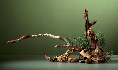 Abstract nature scene with a composition of juniper, stones, and dry snags.