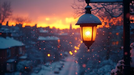 Snowy winter sunset, warm lantern, city street