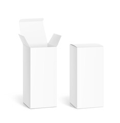 Realistic white open and closed paperboard box mockup. Front view. Vector illustration isolated on white background. Taking your 2D designs into 3D. Can be use for pharmacy, cosmetic, food. EPS10.