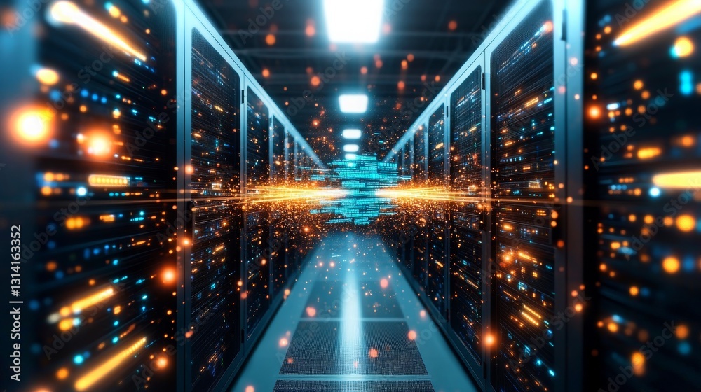 Poster visual representation of data flow through a high-tech server room in dynamic animation