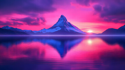 Fototapeta premium Pink And Purple Sunset Over Snowy Mountain Lake Reflection