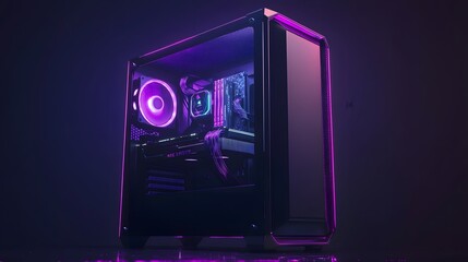 A sleek modern gaming PC with RGB lighting, transparent side panel showing powerful components, isolated on a dark tech background