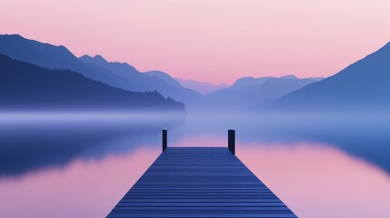 Fototapeta premium Serene sunrise over a tranquil lake with a wooden dock extending into the misty water