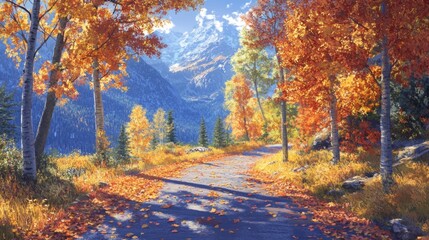 Fototapeta premium Autumnal mountain path bathed in sunlight