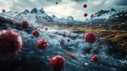Red viruses in a snowy landscape with flowing water during an ominous atmosphere and dramatic mountain backdrop