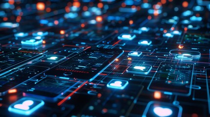 A digitally rendered image of glowing, abstract smartphones connected by lines and nodes.