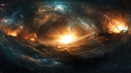 Obraz premium A stunning image of a galaxy featuring a vibrant, bright orange center surrounded by swirling clouds of stars and cosmic dust, creating a mesmerizing celestial scene.