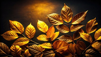 Fototapeta premium Abstract autumn art: golden leaves stark against a black backdrop, capturing fall's essence.