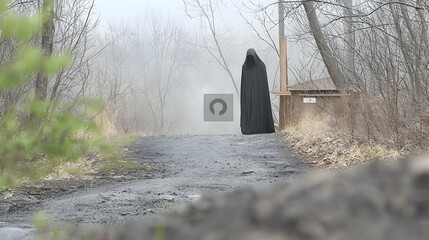 A cloaked figure stands on a foggy woodland pathway