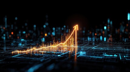 Glowing Orange Arrow Pointing Upward Representing Digital Business Growth Over Blue Circuit Board Background