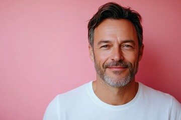 Fototapeta premium minimalistic portrait of adult European middle-aged man in white T-shirt on pink background