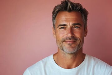 Obraz premium minimalistic portrait of adult European middle-aged man in white T-shirt on pink background, mature, businessman