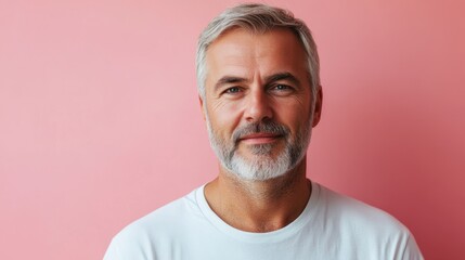 portrait of adult European softly smiling man is 55 years old wearing white T-shirt on pink color background
