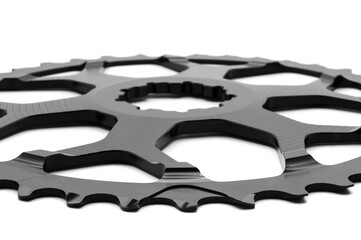 Close up of a black oval bicycle chainring against white isolated background. Professional bicycle...