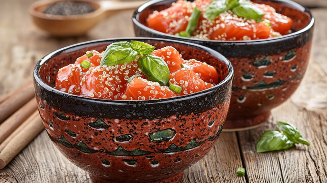 Salmon quinoa salad with basil in decorative bowls