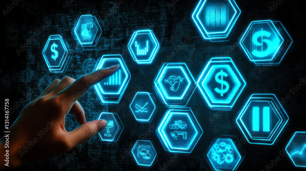 Poster technology interface displaying data analytics and finance metrics during a digital presentation at 