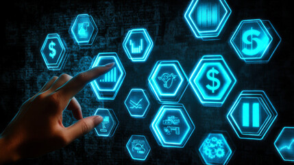 Technology interface displaying data analytics and finance metrics during a digital presentation at a tech conference