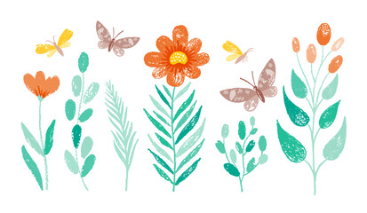 Flower and butterfly. Summer crayon vector background. Floral border, garden cartoon plant, spring or summer flower, grass, butterfly. Cute illustration, crayon kid pattern. Child watercolor pastel bg © Olga Che