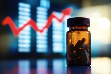 Medicine costs rising, pill bottle and upward trending graph illustrating increasing pharmaceutical expenses