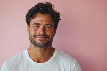 Fototapeta premium portrait of 45 years old man in white T-shirt on pink background, copy space