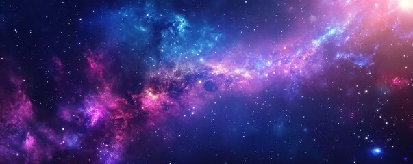 Obraz premium A vibrant galaxy swirls with a spectrum of colors, showcasing deep blues, purples, and pinks. Countless twinkling stars dot the scene, while a radiant light source illuminates the cosmic expanse.