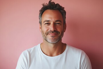 minimalistic portrait of 50 years old man in white T-shirt on pink background, mature businessman
