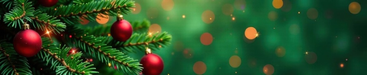 Obraz premium Lush green pine boughs laden with colorful ornaments , green, baubles
