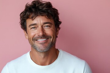 Obraz premium portrait of 45 years old smiling man in white T-shirt on pink background, mature businessman, middle-aged, copy space