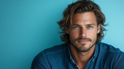Fototapeta premium minimalistic portrait of adult european man is 40 years old with shoulder-length hair wearing blue shirt on light blue color background
