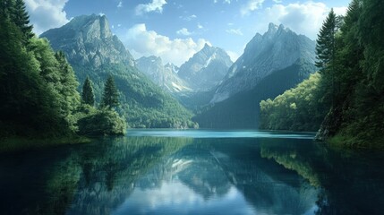 Fototapeta premium Serene mountain lake landscape. Lush forests meet towering peaks reflecting on a tranquil blue lake