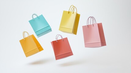 Five Colorful Shopping Bags Floating Against A White Background