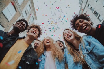 Group of young people throwing confetti in the air making festival party - Multiracial friends having fun enjoying summer vacation together - Youth culture with guys and girls laughing