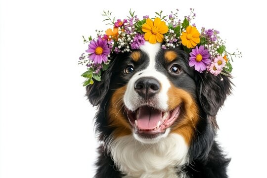 Cute baby dog pembroke welsh corgi wearing primal flower crown on its head - symbol of sunny warm season. Professional studio illustration. Dog portrait with floral accessories.