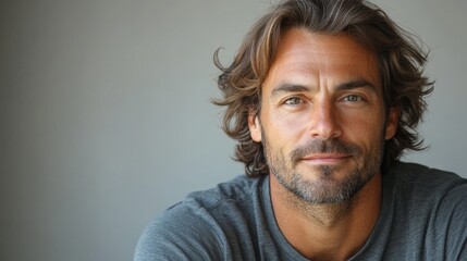Obraz premium minimalistic portrait of adult European man is 50 years old with shoulder-length hair wearing grey T-shirt on grey background, copy space