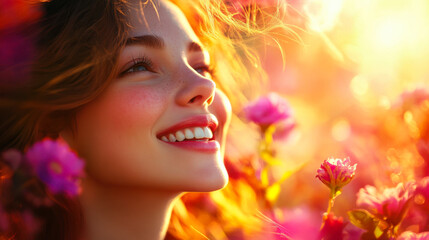 Fototapeta premium Smiling woman enjoying a vibrant sunset among colorful flowers in a serene outdoor setting