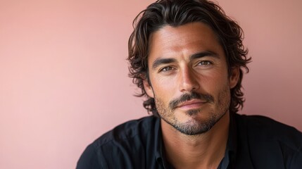 Obraz premium minimalistic portrait of adult handsome European man is 40 years old with shoulder-length hair wearing black shirt on pink color background